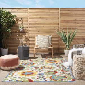Nourison Aloha Indoor/Outdoor Ivory/Multi 5'3" x 7'5" Area Rug, Easy Clean, Non Shedding, Bed Room, Living Room, Dining Room, Backyard, Deck, Patio (5x7)