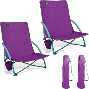 LANMOUNTAIN 2 Pack Low Beach Chair,Folding Recliner Camping Chair for Adults,Lightweight Backpacking Low Seat Camping Chairs with Cup Holder, Carry Bag for Outdoor Camp Lawn Picnic