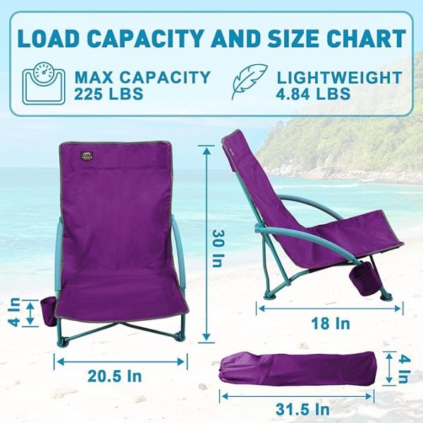 LANMOUNTAIN 2 Pack Low Beach Chair,Folding Recliner Camping Chair for Adults,Lightweight Backpacking Low Seat Camping Chairs with Cup Holder, Carry Bag for Outdoor Camp Lawn Picnic - Image 2