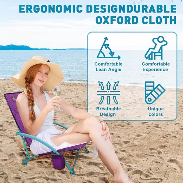 LANMOUNTAIN 2 Pack Low Beach Chair,Folding Recliner Camping Chair for Adults,Lightweight Backpacking Low Seat Camping Chairs with Cup Holder, Carry Bag for Outdoor Camp Lawn Picnic - Image 3